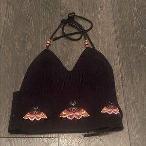 Black Halter Top with Embroidered Butterflies